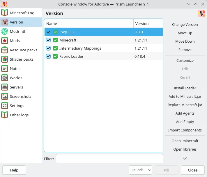Prism Launcher screenshot showing the instance management user-interface