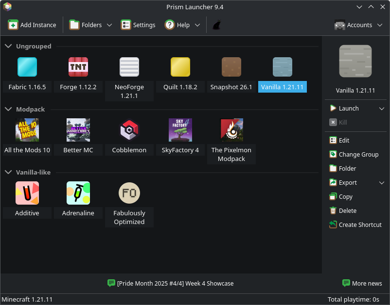 Prism Launcher screenshot on Linux showing off various different modpacks and instances
