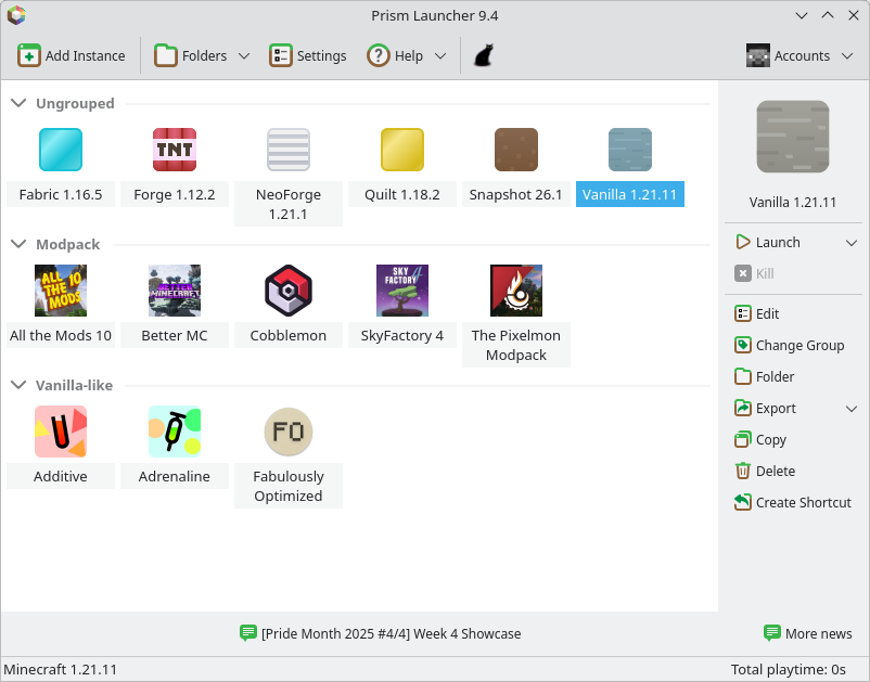 Prism Launcher screenshot on Linux showing off various different modpacks and instances