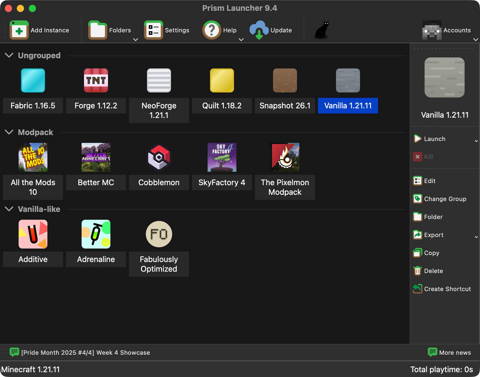 Prism Launcher screenshot on MacOS showing off various different modpacks and instances