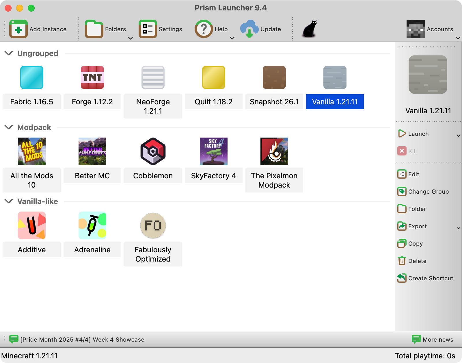 Prism Launcher screenshot on MacOS showing off various different modpacks and instances