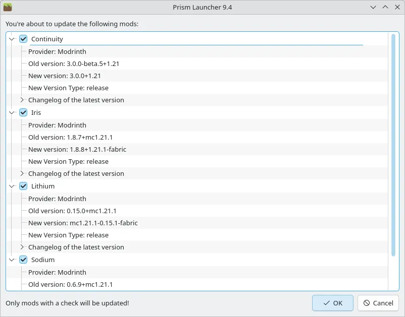 Prism Launcher screenshot showing the mod updating user-interface