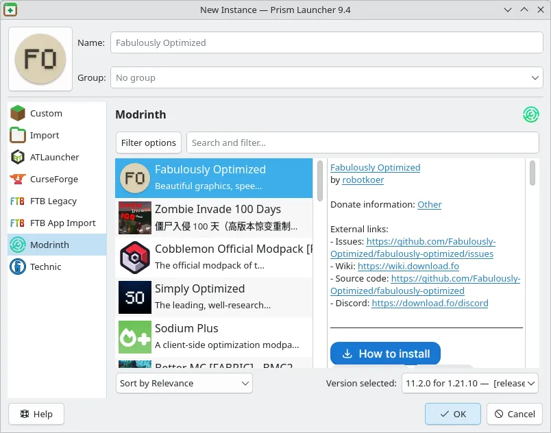 Prism Launcher screenshot showing the modpack installation user-interface