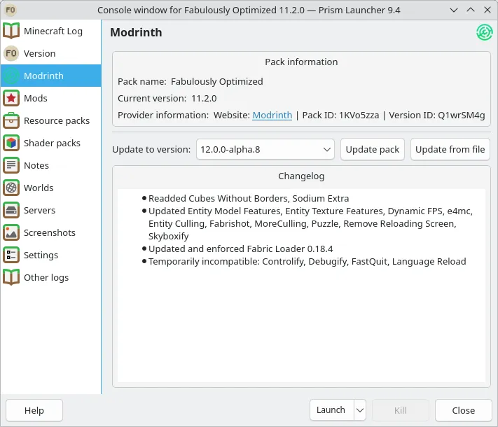 Prism Launcher screenshot showing the modpack updating user-interface