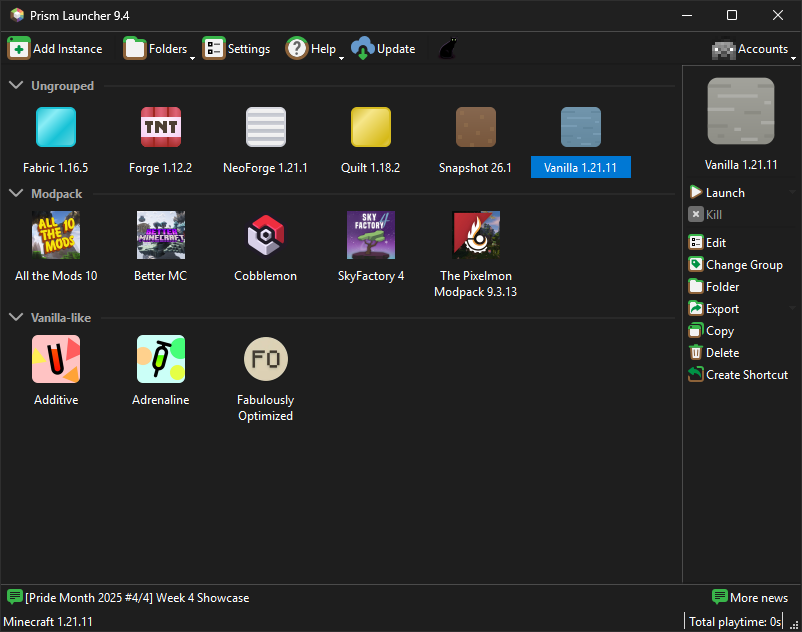 Prism Launcher screenshot on Windows showing off various different modpacks and instances