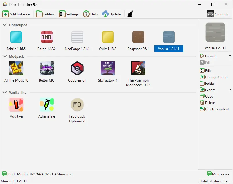 Prism Launcher on Windows showing several modpacks and instances