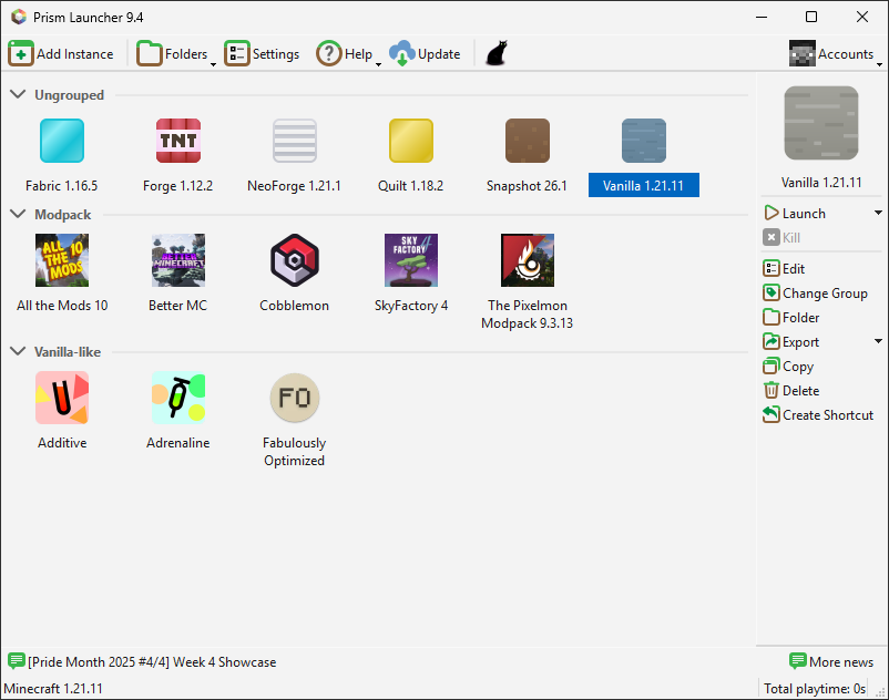 Prism Launcher screenshot on Windows showing off various different modpacks and instances