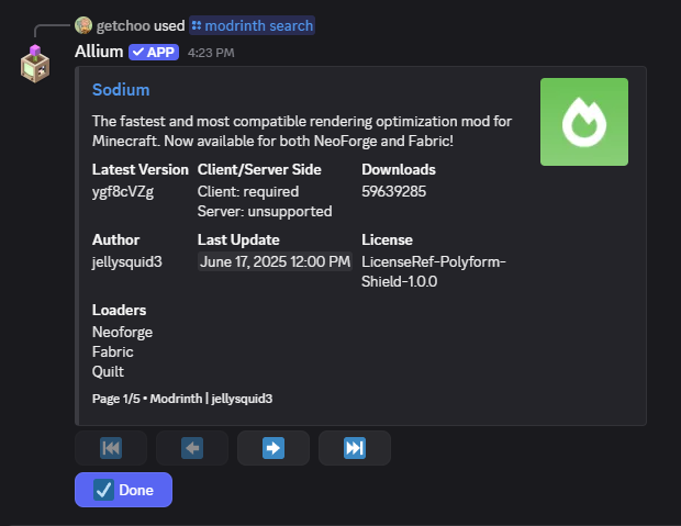 Allium's `modrinth search` output for the Sodium mod
