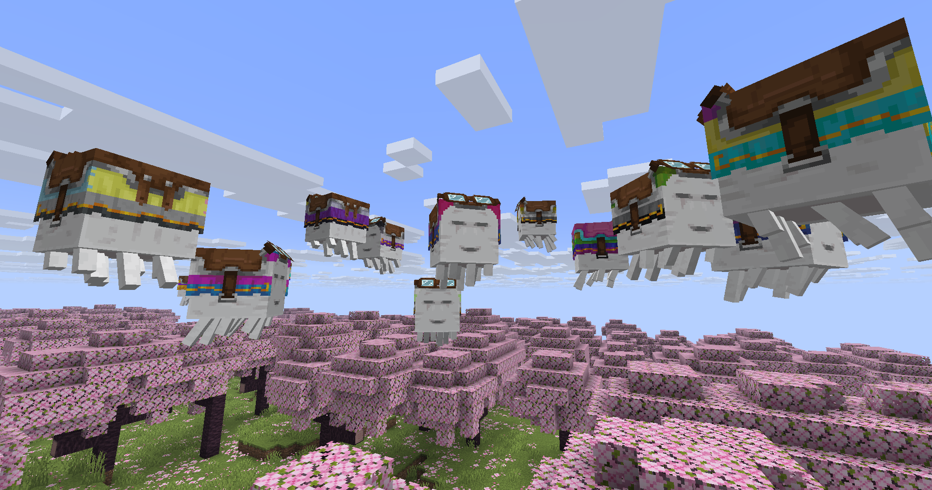 Happy Ghasts flying around a Cherry Grove biome with variety of Pride-colored harnesses