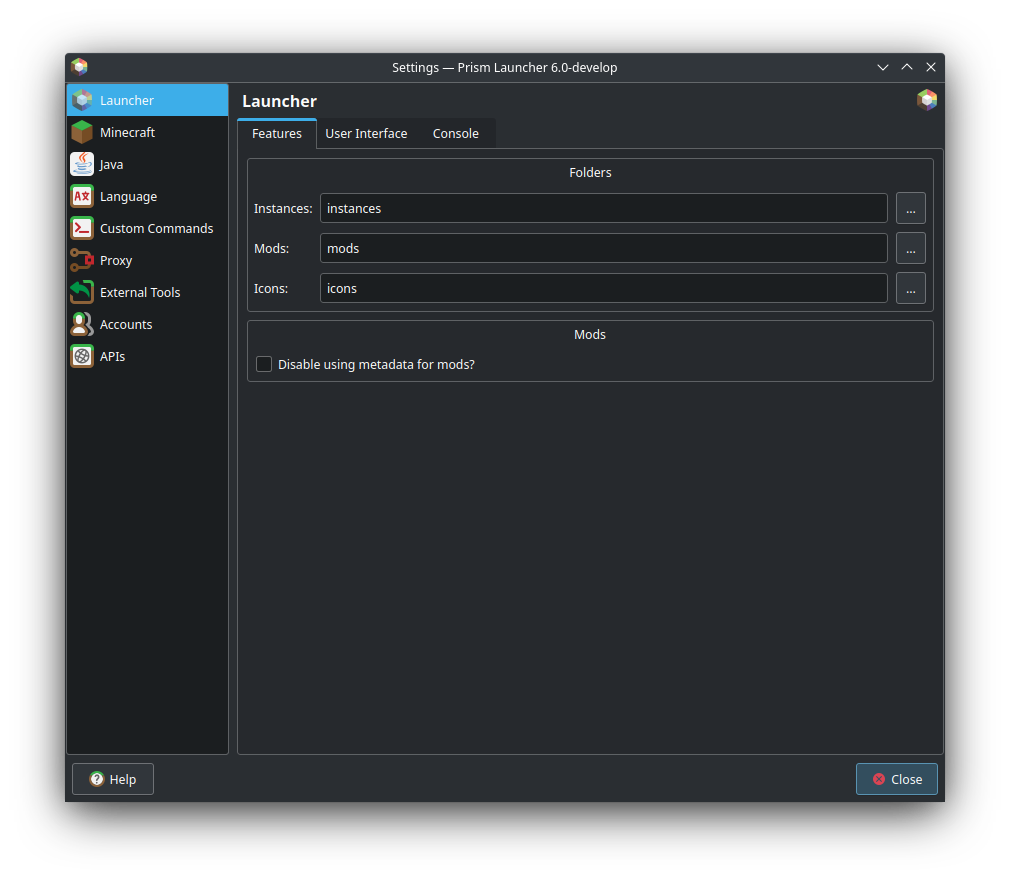 Features tab under Launcher tab in settings